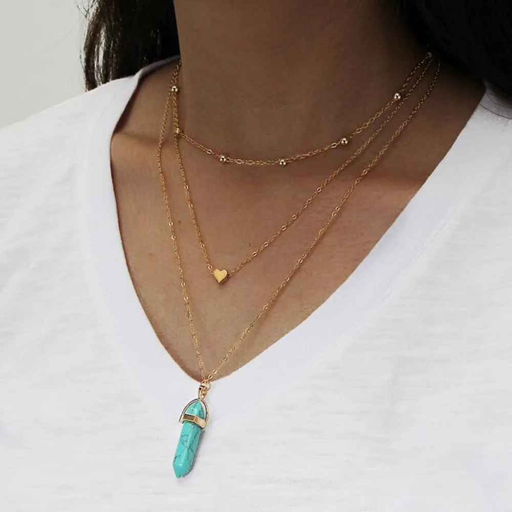 Vintage Multi Layer Crystal Heart Stone Chokers Necklaces