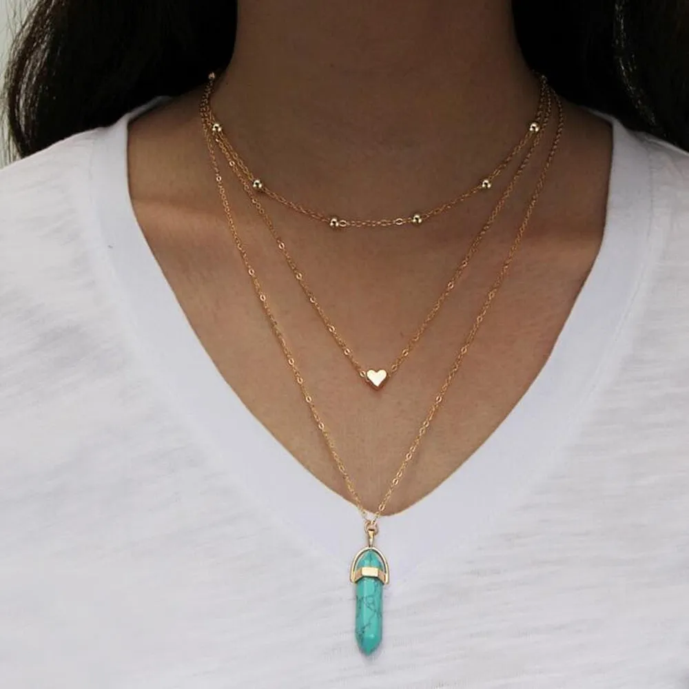 Vintage Multi Layer Crystal Heart Stone Chokers Necklaces