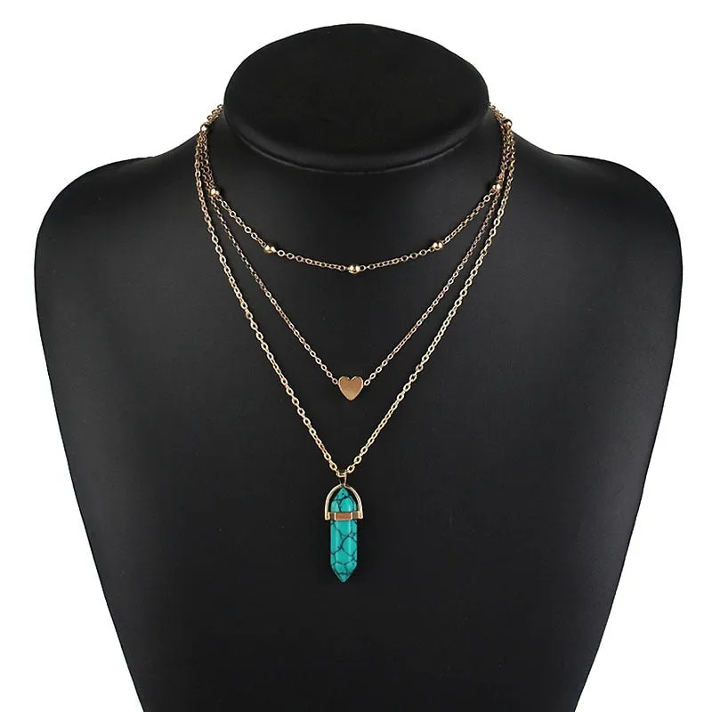 Vintage Multi Layer Crystal Heart Stone Chokers Necklaces