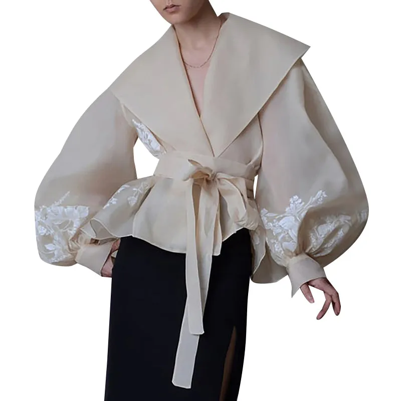 Vintage Organza  Blouse Lapel Collar Lace Up Bow