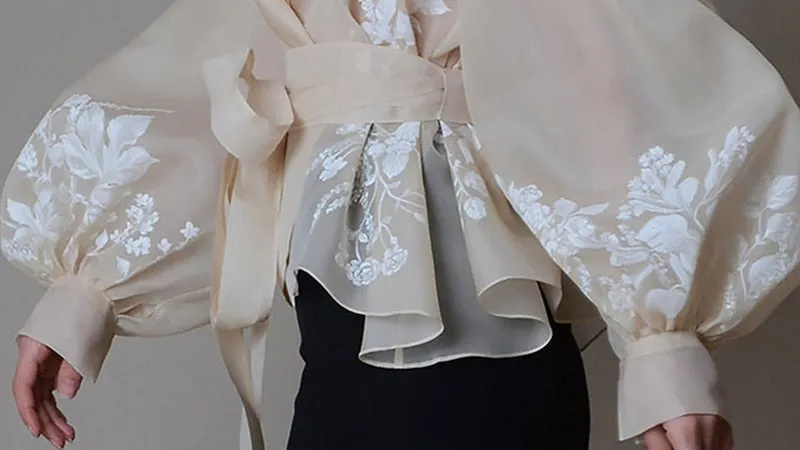 Vintage Organza  Blouse Lapel Collar Lace Up Bow