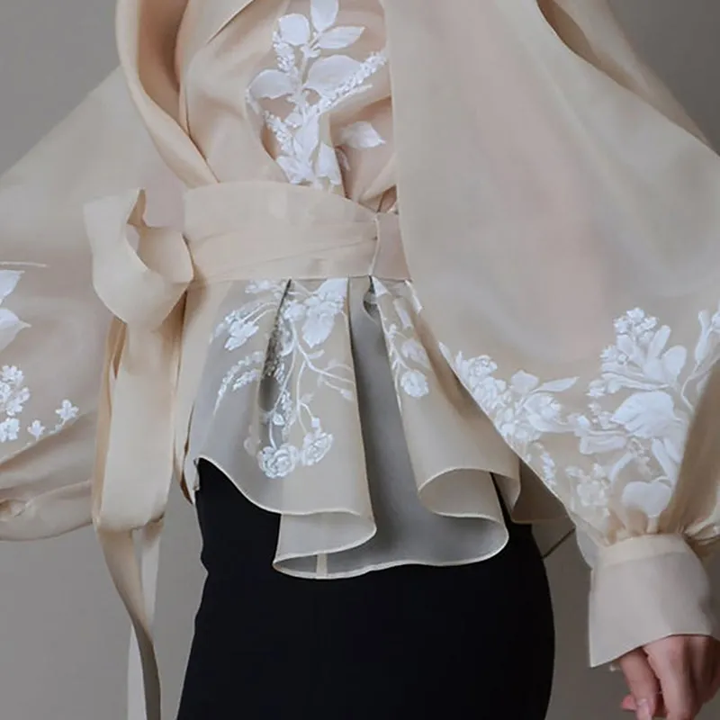 Vintage Organza  Blouse Lapel Collar Lace Up Bow