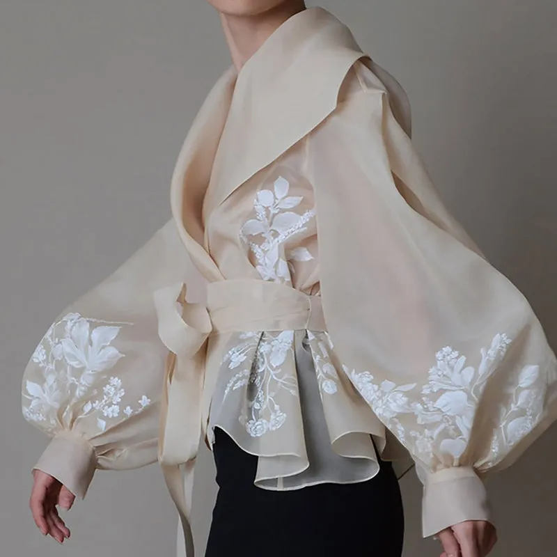 Vintage Organza  Blouse Lapel Collar Lace Up Bow