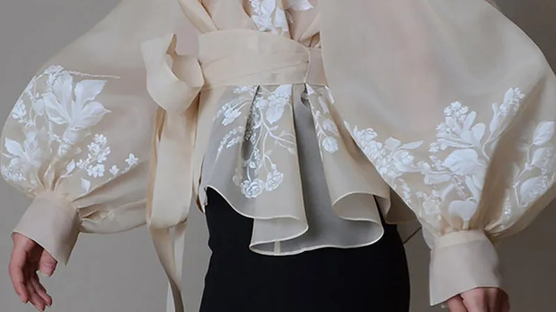 Vintage Organza  Blouse Lapel Collar Lace Up Bow