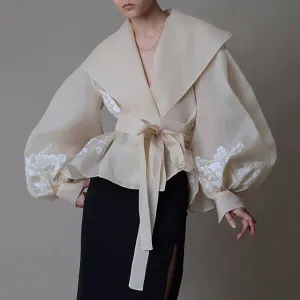 Vintage Organza  Blouse Lapel Collar Lace Up Bow