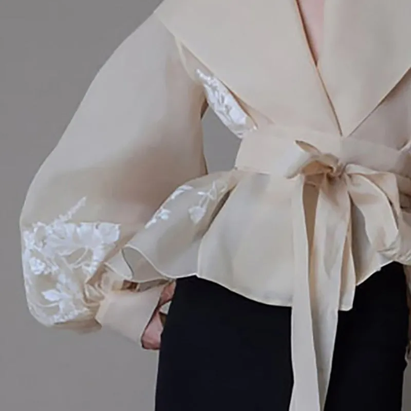 Vintage Organza  Blouse Lapel Collar Lace Up Bow