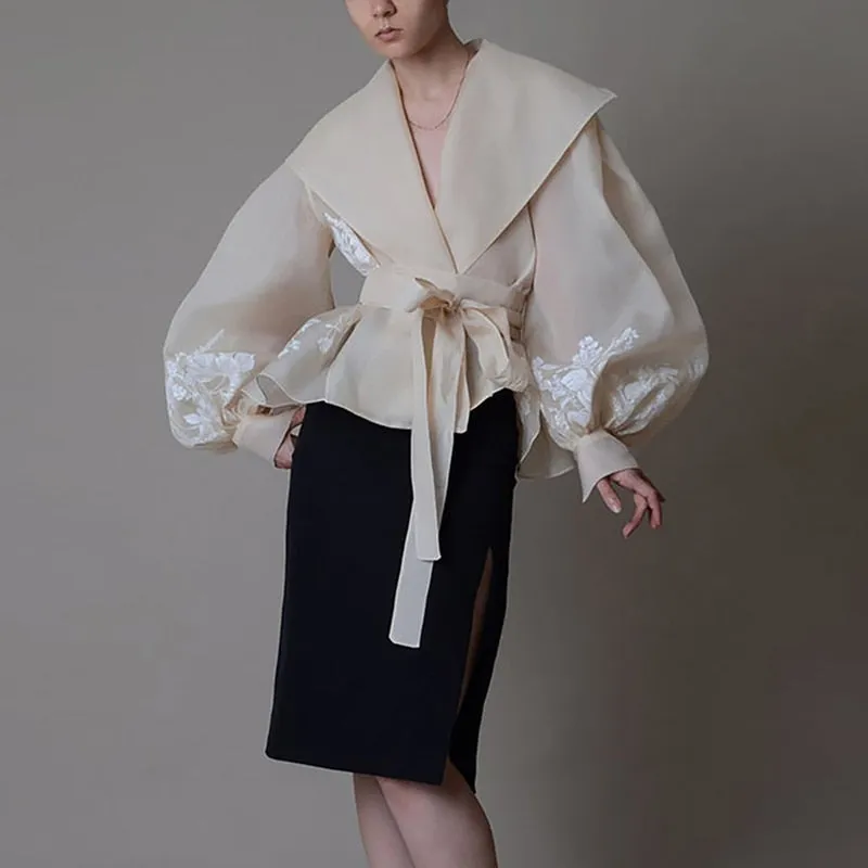 Vintage Organza  Blouse Lapel Collar Lace Up Bow