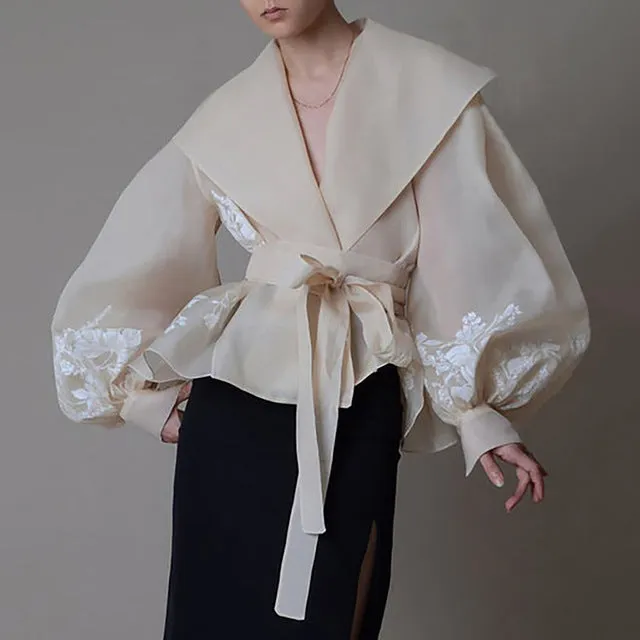 Vintage Organza  Blouse Lapel Collar Lace Up Bow