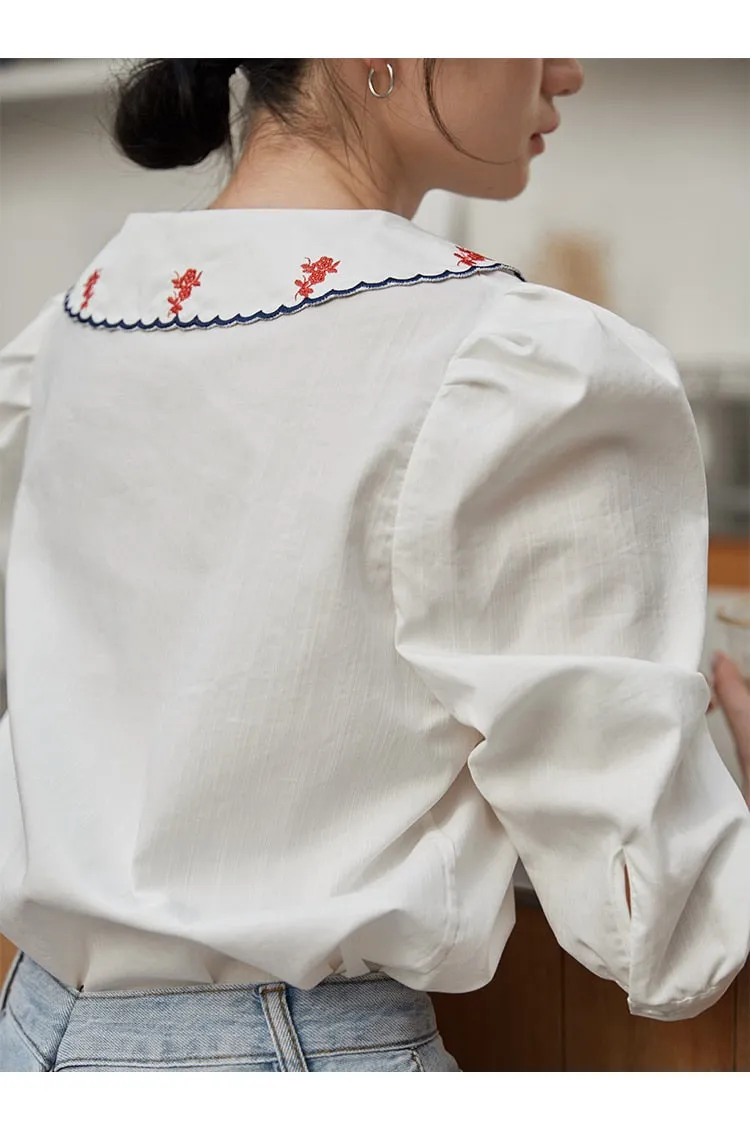 Vintage Puff Sleeve Embroidery Blouse