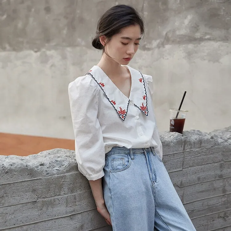 Vintage Puff Sleeve Embroidery Blouse