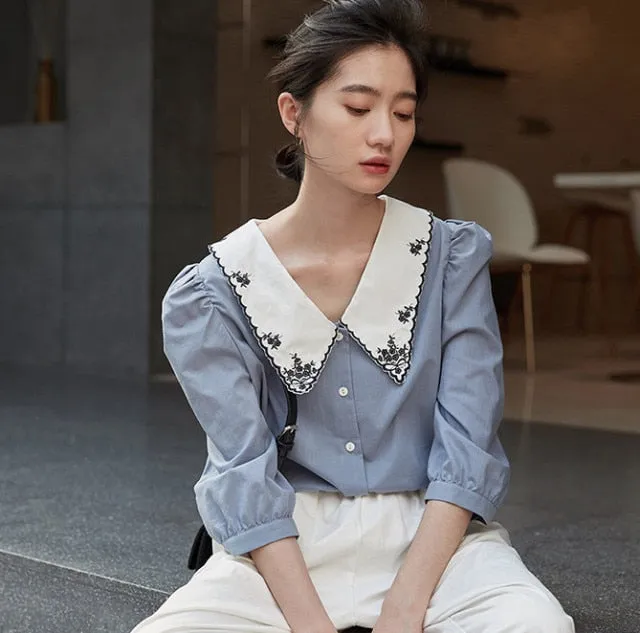 Vintage Puff Sleeve Embroidery Blouse