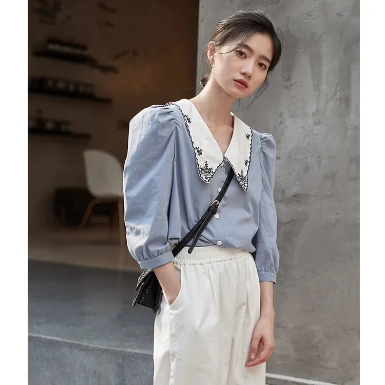 Vintage Puff Sleeve Embroidery Blouse