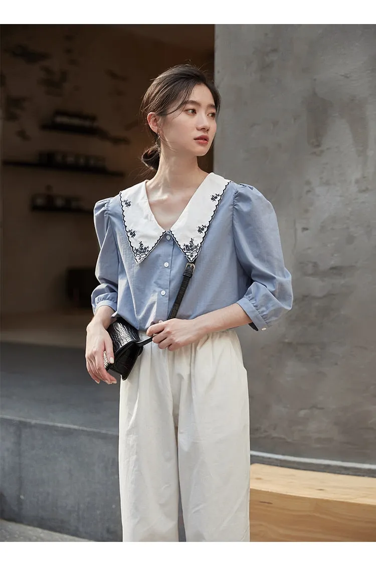 Vintage Puff Sleeve Embroidery Blouse