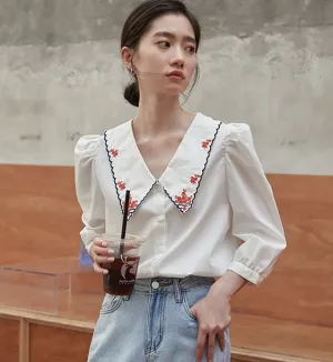 Vintage Puff Sleeve Embroidery Blouse