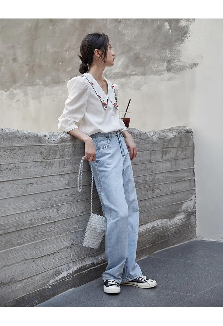 Vintage Puff Sleeve Embroidery Blouse