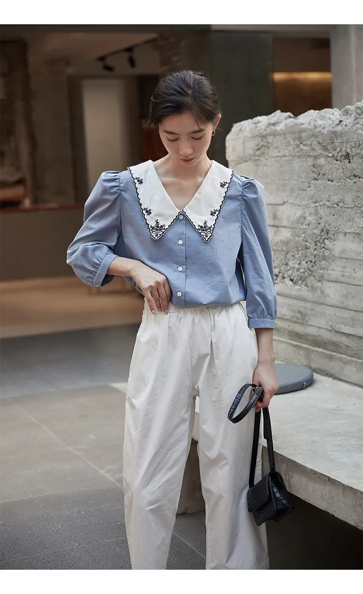 Vintage Puff Sleeve Embroidery Blouse