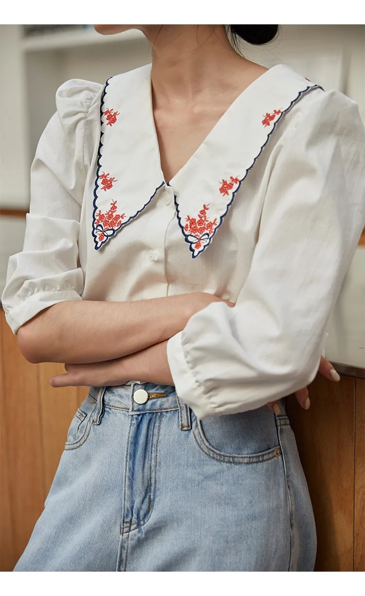 Vintage Puff Sleeve Embroidery Blouse