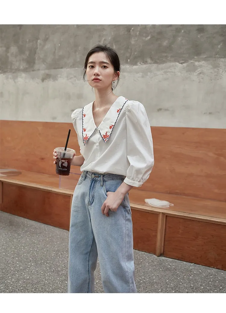 Vintage Puff Sleeve Embroidery Blouse