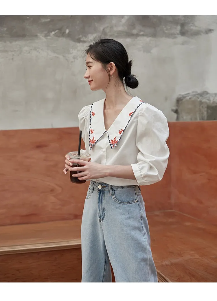 Vintage Puff Sleeve Embroidery Blouse