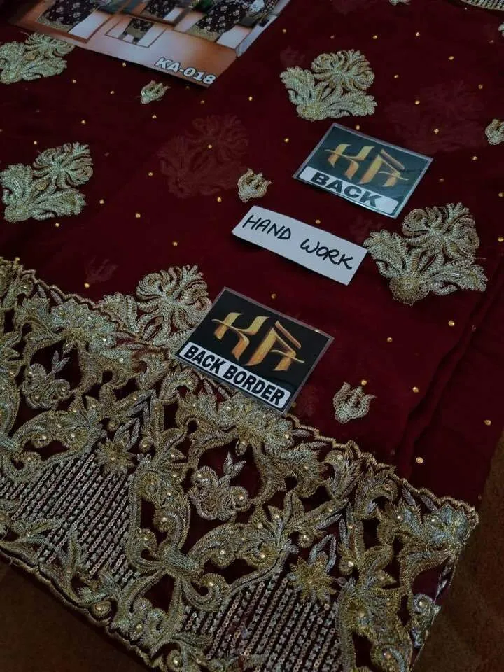 Walima Chiffon Dresses - Embroidered Net Dupatta - Replica - Unstitched