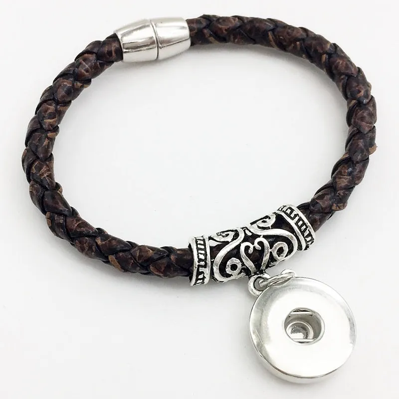 Weaving high quality PU leather 18mm snap button charm bracelet  Magnetic clasp