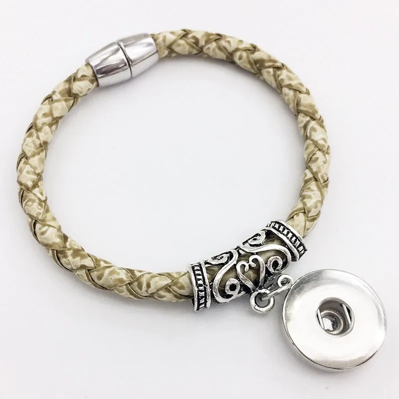 Weaving high quality PU leather 18mm snap button charm bracelet  Magnetic clasp