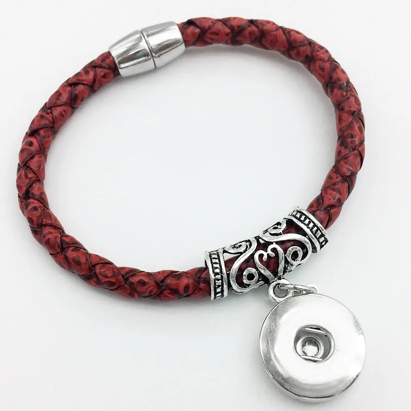 Weaving high quality PU leather 18mm snap button charm bracelet  Magnetic clasp