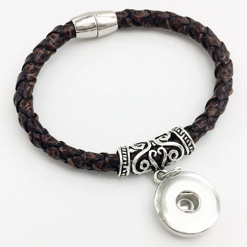 Weaving high quality PU leather 18mm snap button charm bracelet  Magnetic clasp