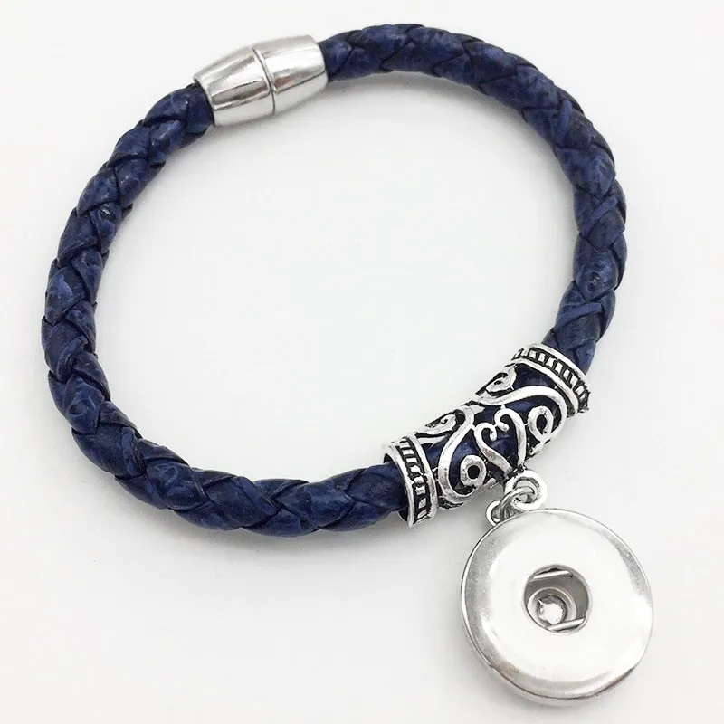 Weaving high quality PU leather 18mm snap button charm bracelet  Magnetic clasp