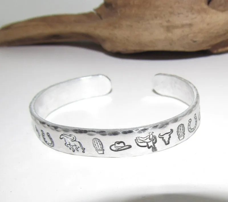 Western theme cuff, Adjustable stamped cuff bracelet, adjustable custom cuff, adjustable stamped bracelet, western  jewelry,