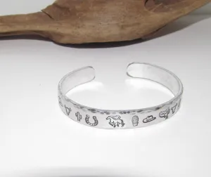 Western theme cuff, Adjustable stamped cuff bracelet, adjustable custom cuff, adjustable stamped bracelet, western  jewelry,