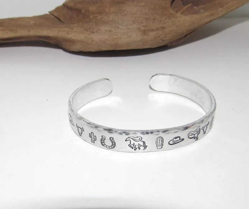Western theme cuff, Adjustable stamped cuff bracelet, adjustable custom cuff, adjustable stamped bracelet, western  jewelry,