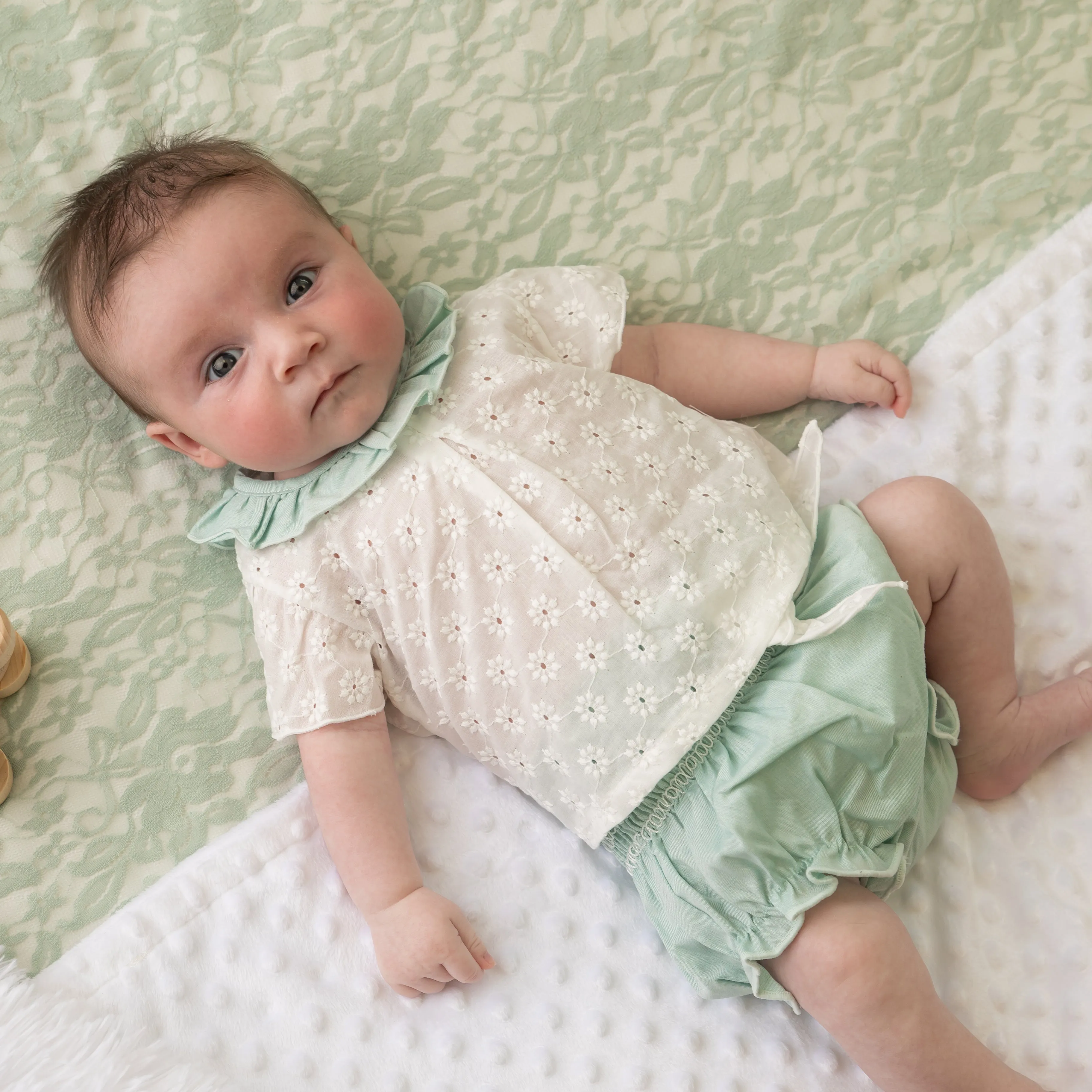 White & Mint Embroidered Top & Bloomers Set