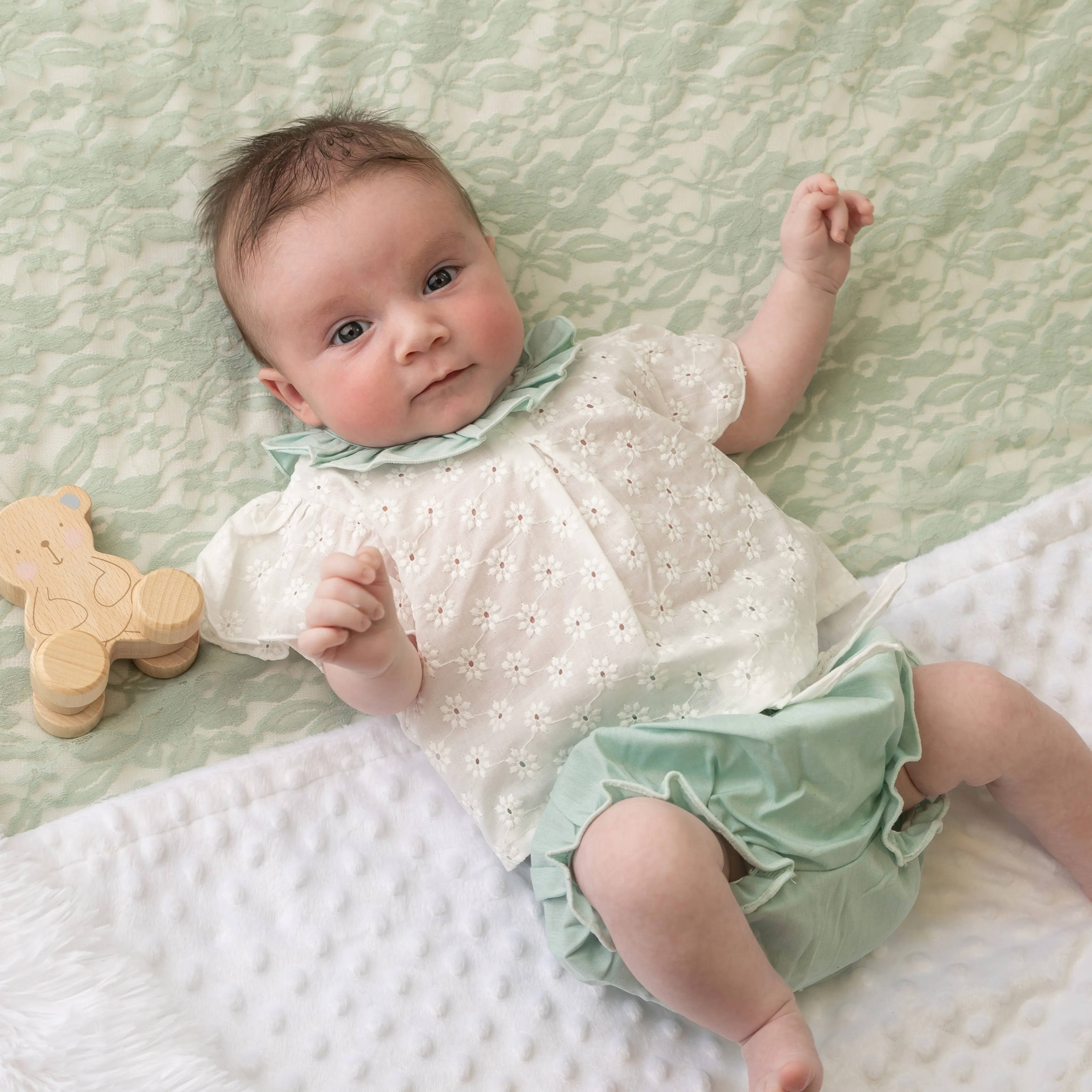 White & Mint Embroidered Top & Bloomers Set