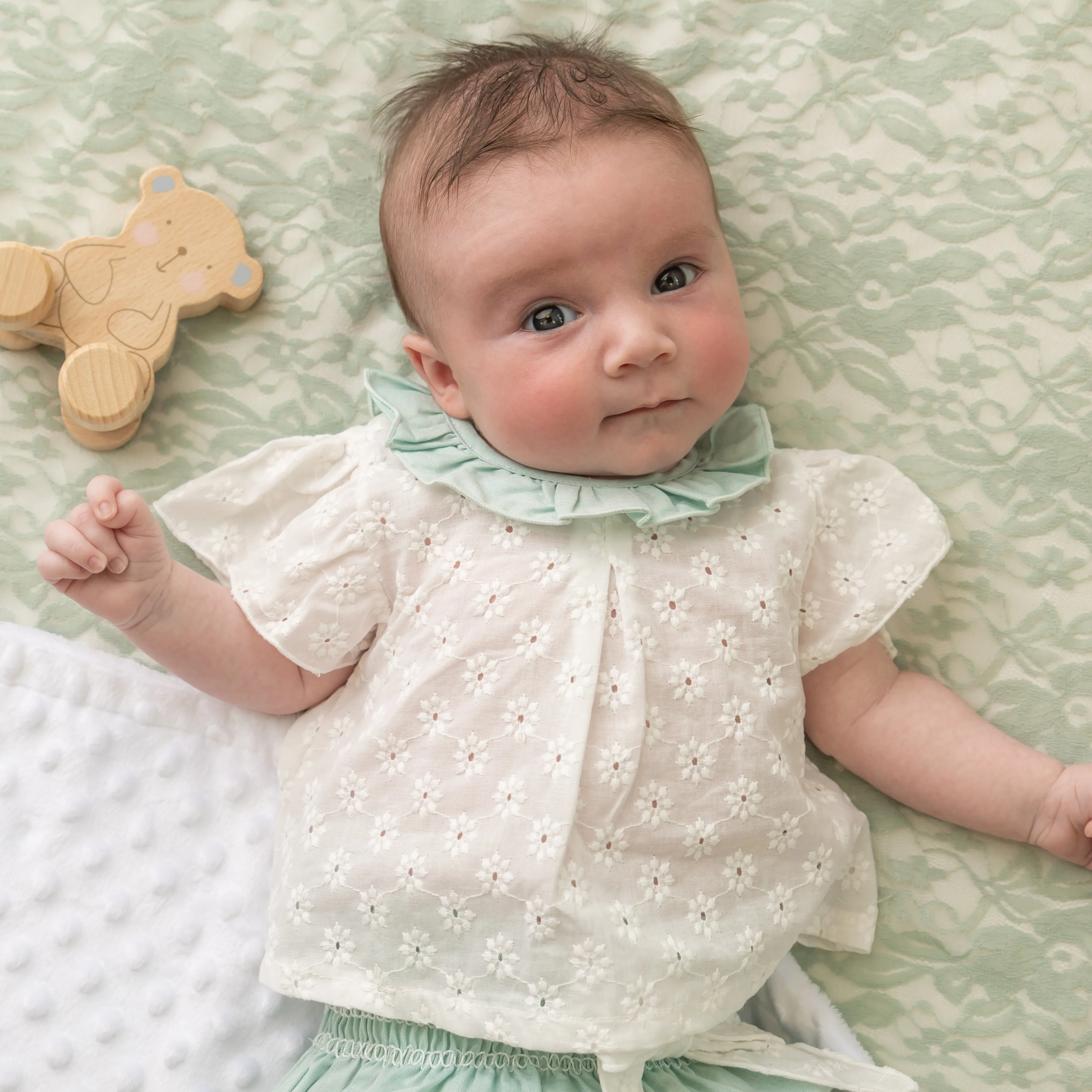 White & Mint Embroidered Top & Bloomers Set