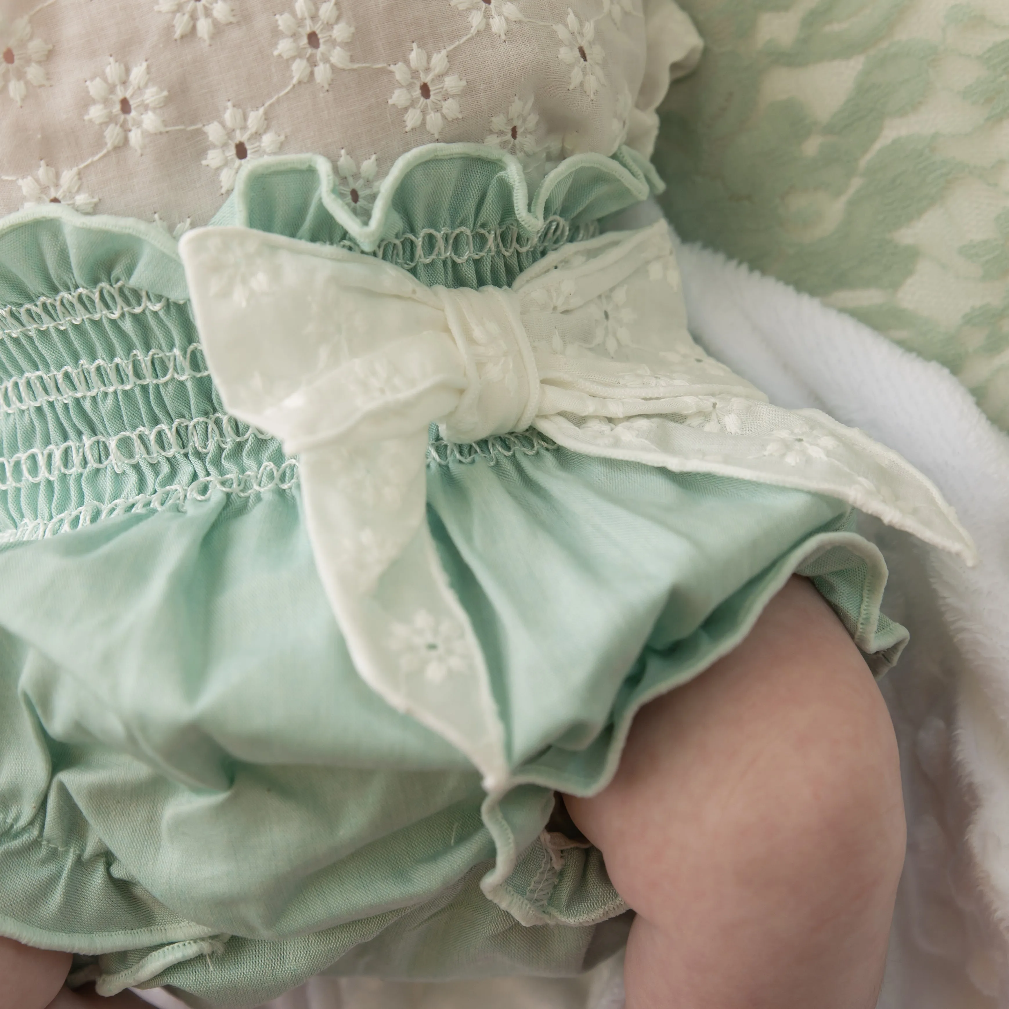 White & Mint Embroidered Top & Bloomers Set