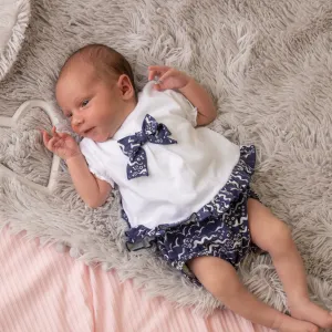 White & Navy Sea Print Top & Bloomers Set