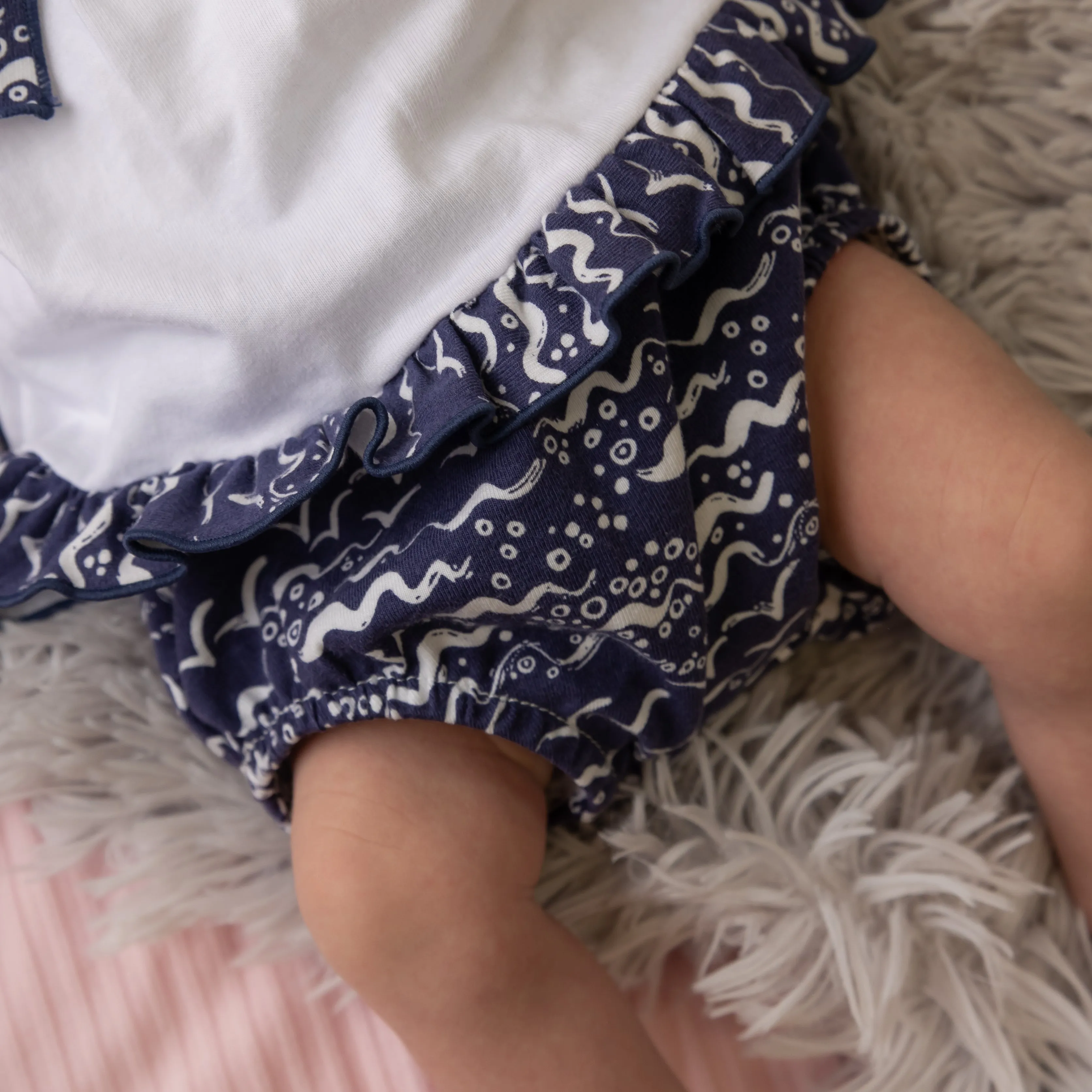 White & Navy Sea Print Top & Bloomers Set