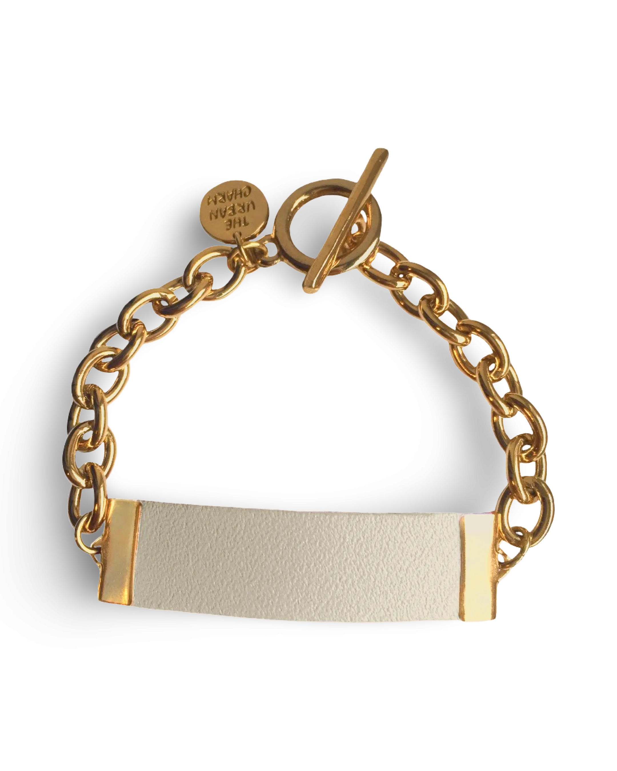 White Genuine Leather and Chain ID Charm Toggle Bracelet