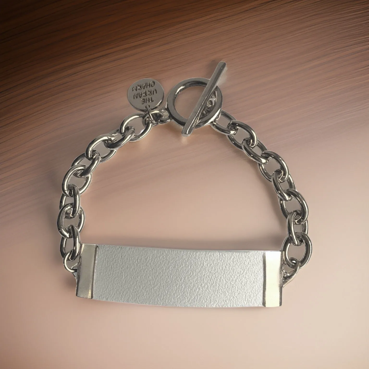 White Genuine Leather and Chain ID Charm Toggle Bracelet