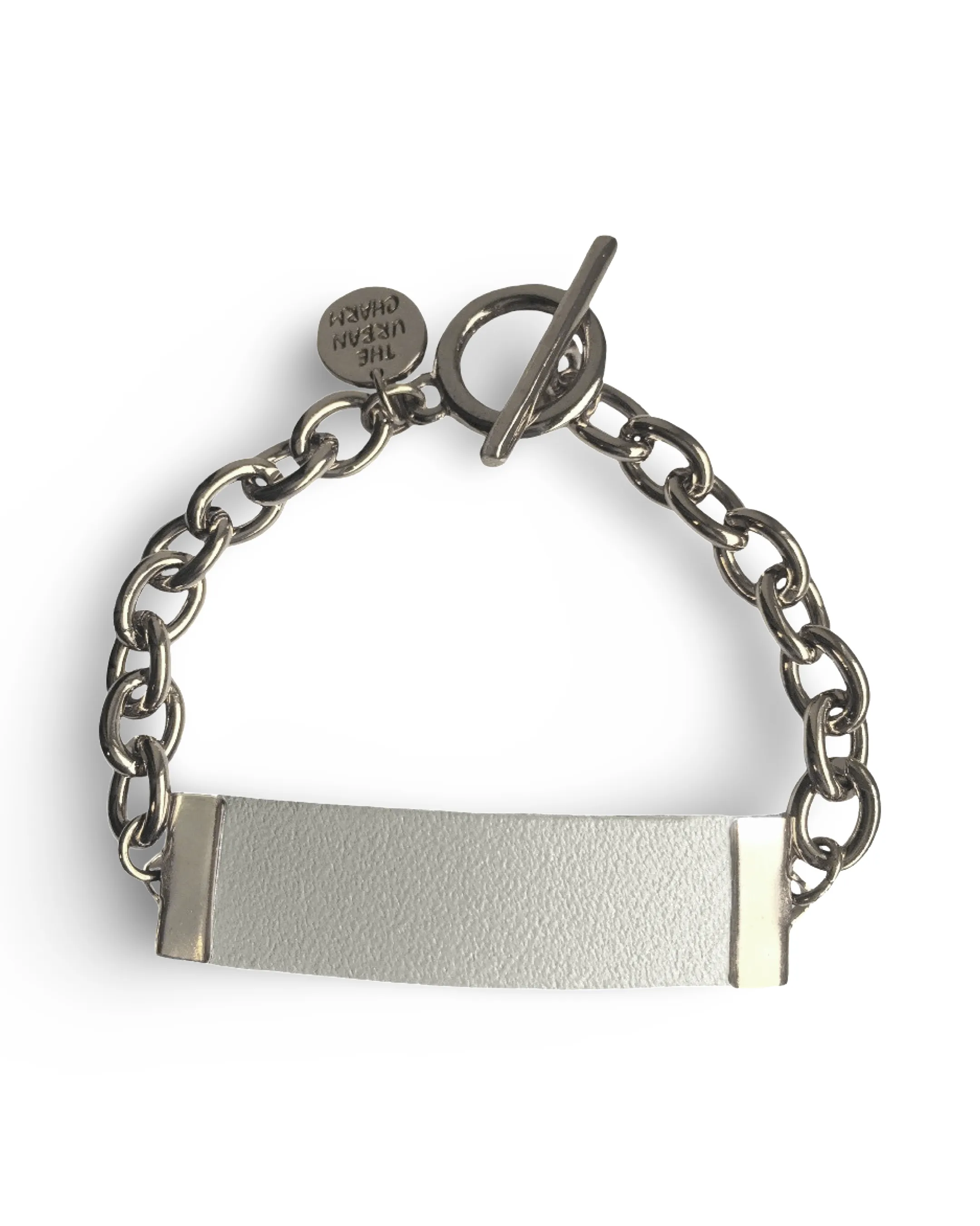 White Genuine Leather and Chain ID Charm Toggle Bracelet