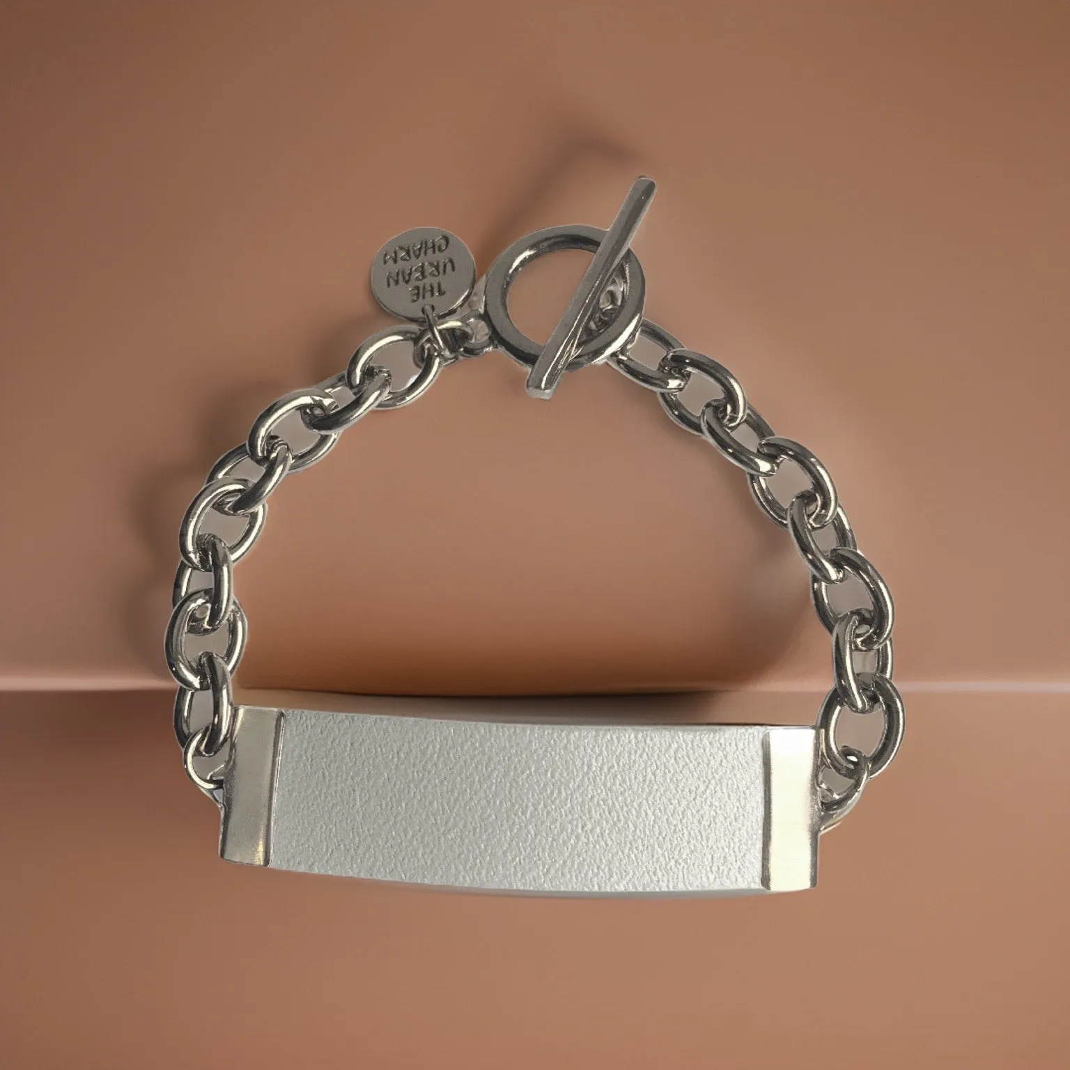 White Genuine Leather and Chain ID Charm Toggle Bracelet