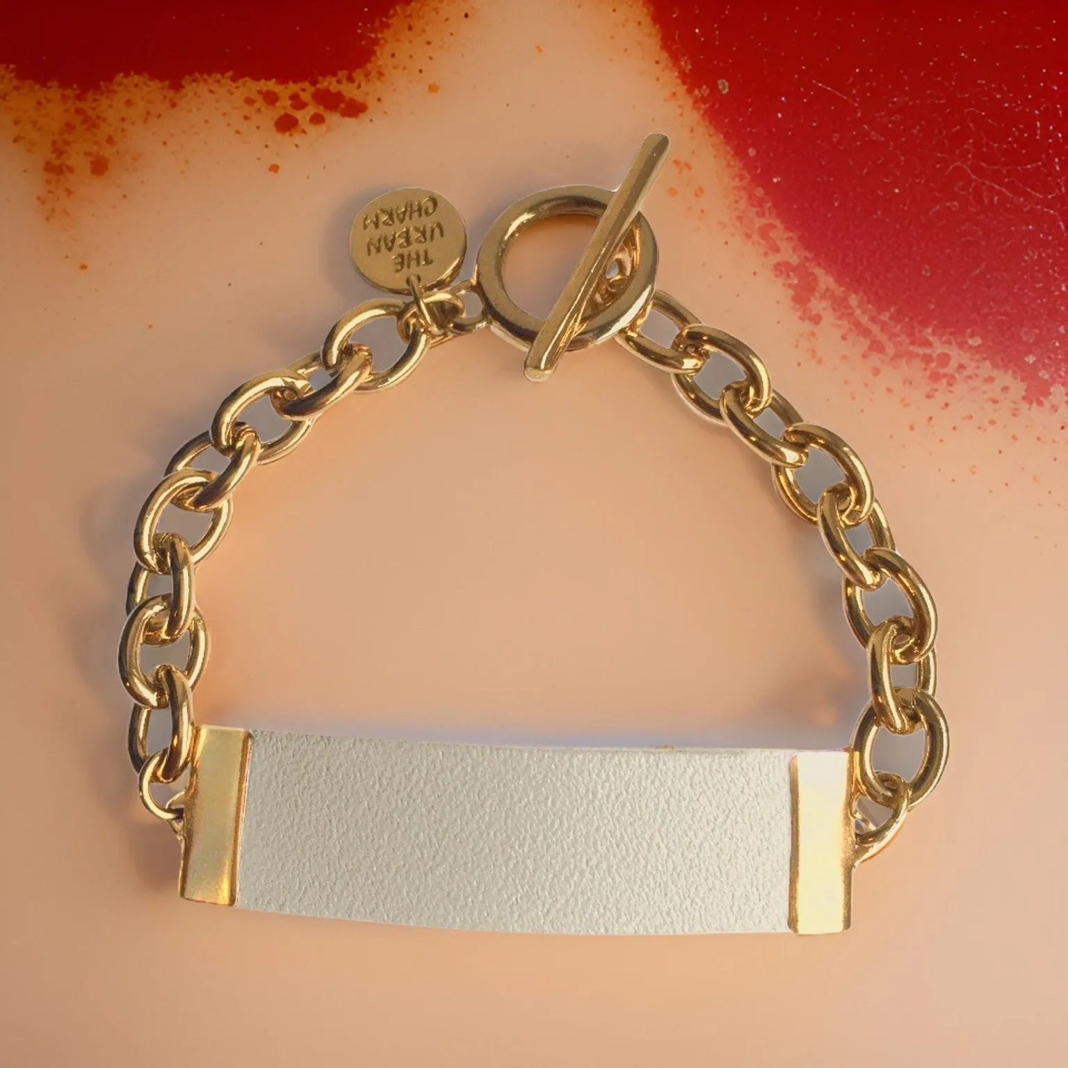 White Genuine Leather and Chain ID Charm Toggle Bracelet