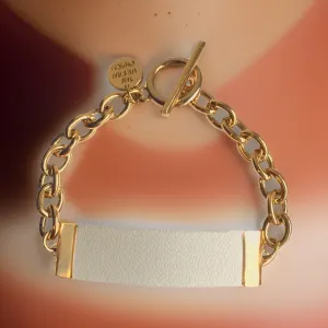 White Genuine Leather and Chain ID Charm Toggle Bracelet
