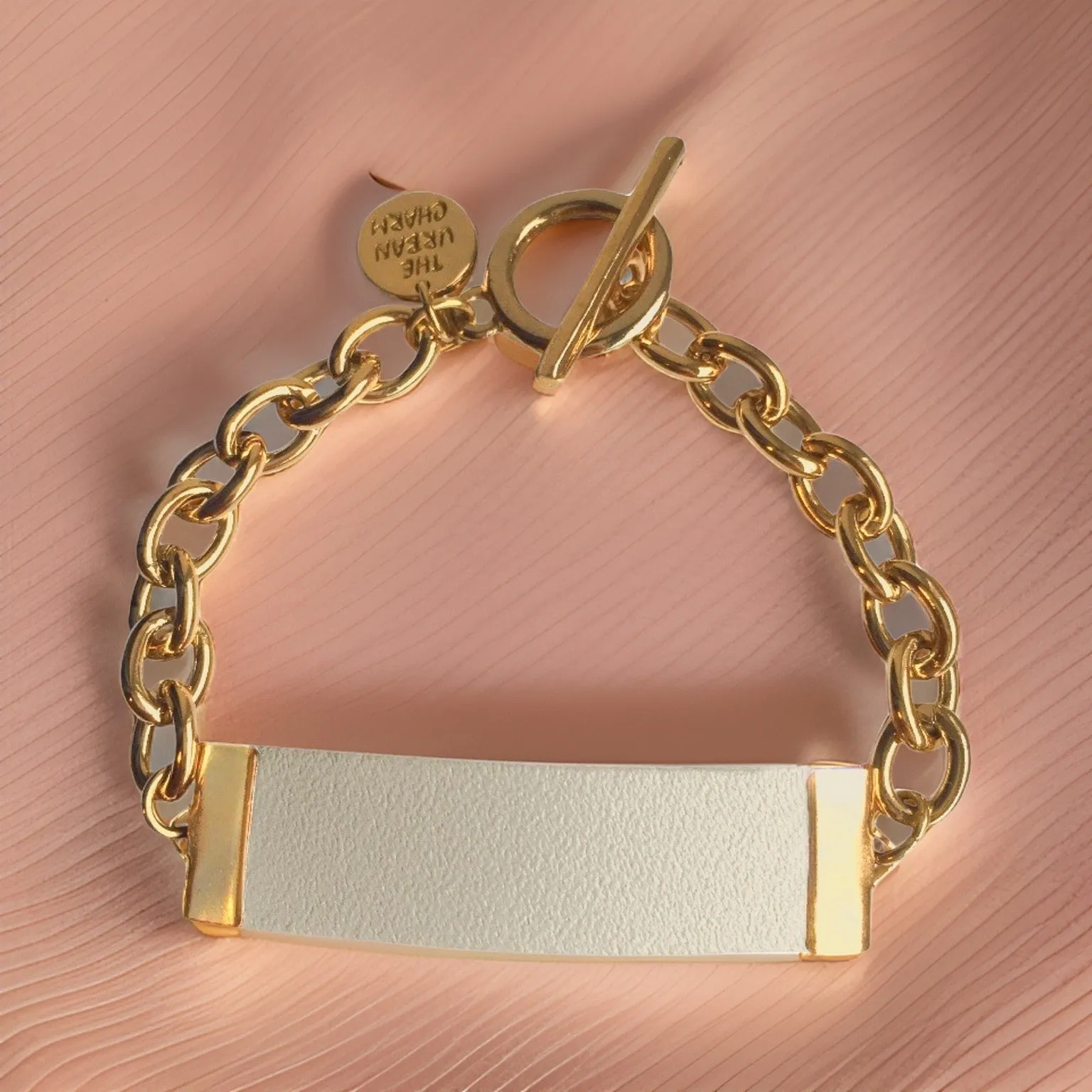 White Genuine Leather and Chain ID Charm Toggle Bracelet