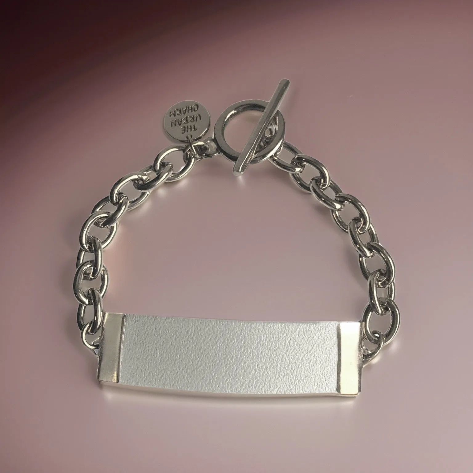 White Genuine Leather and Chain ID Charm Toggle Bracelet