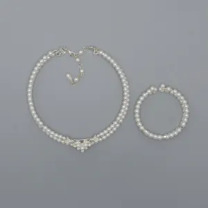 WHITE PEARL CRYSTAL CHOKER NECKLACE AND BRACELET SET #FW-SS22273NB05 (SHAB9)