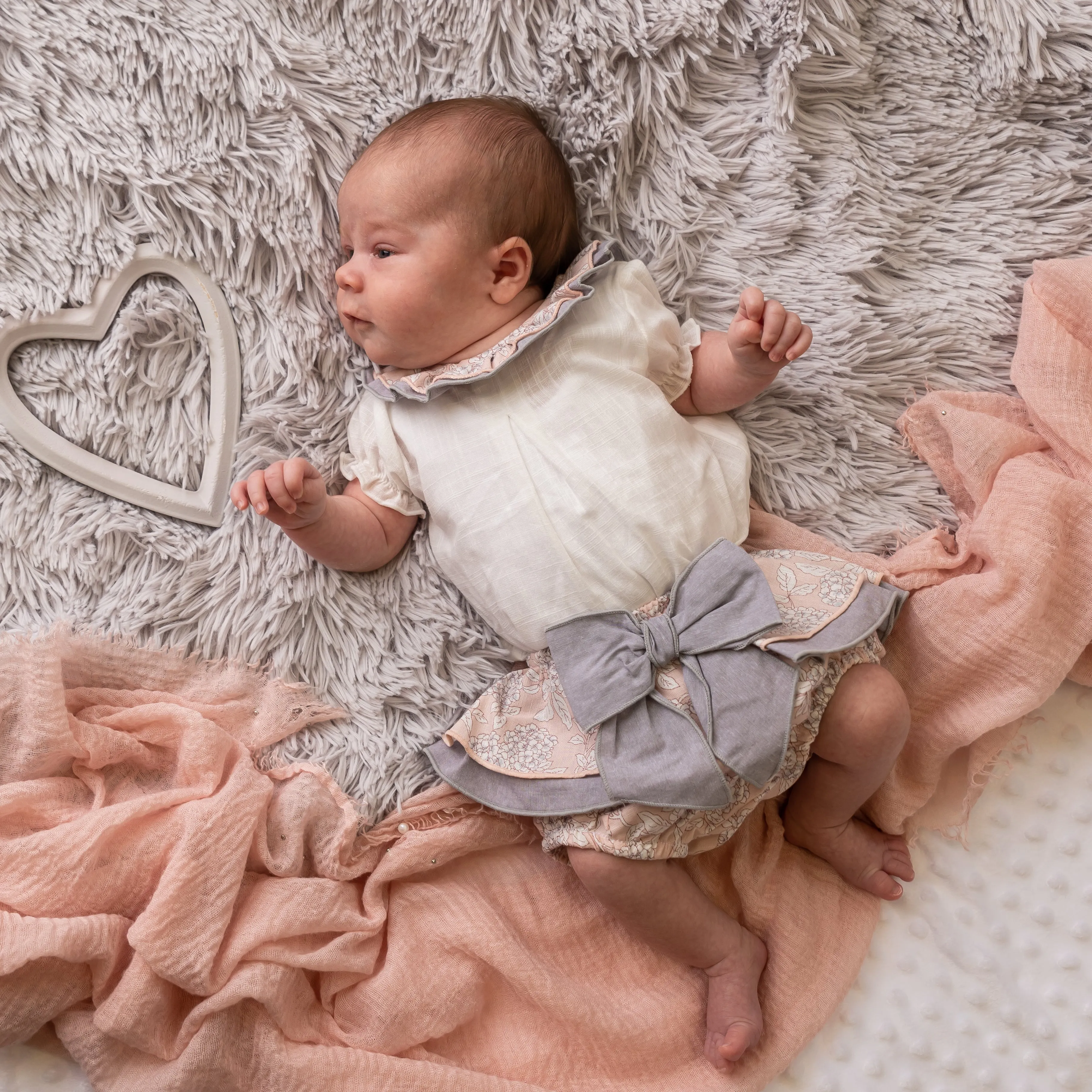 White Ruffle Top & Dusky Pink & Grey Bow Bloomers Set