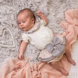 White Ruffle Top & Dusky Pink & Grey Bow Bloomers Set