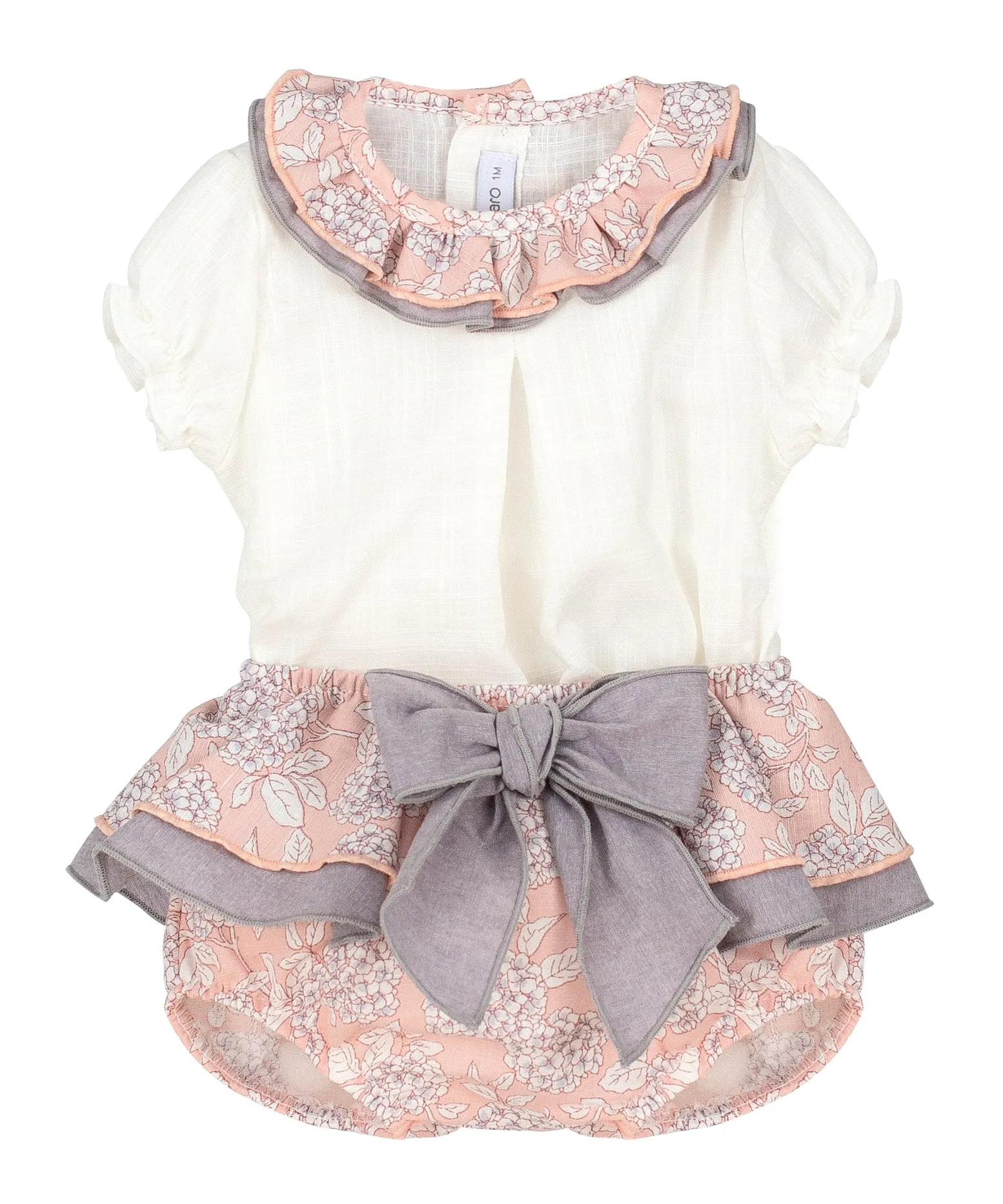 White Ruffle Top & Dusky Pink & Grey Bow Bloomers Set